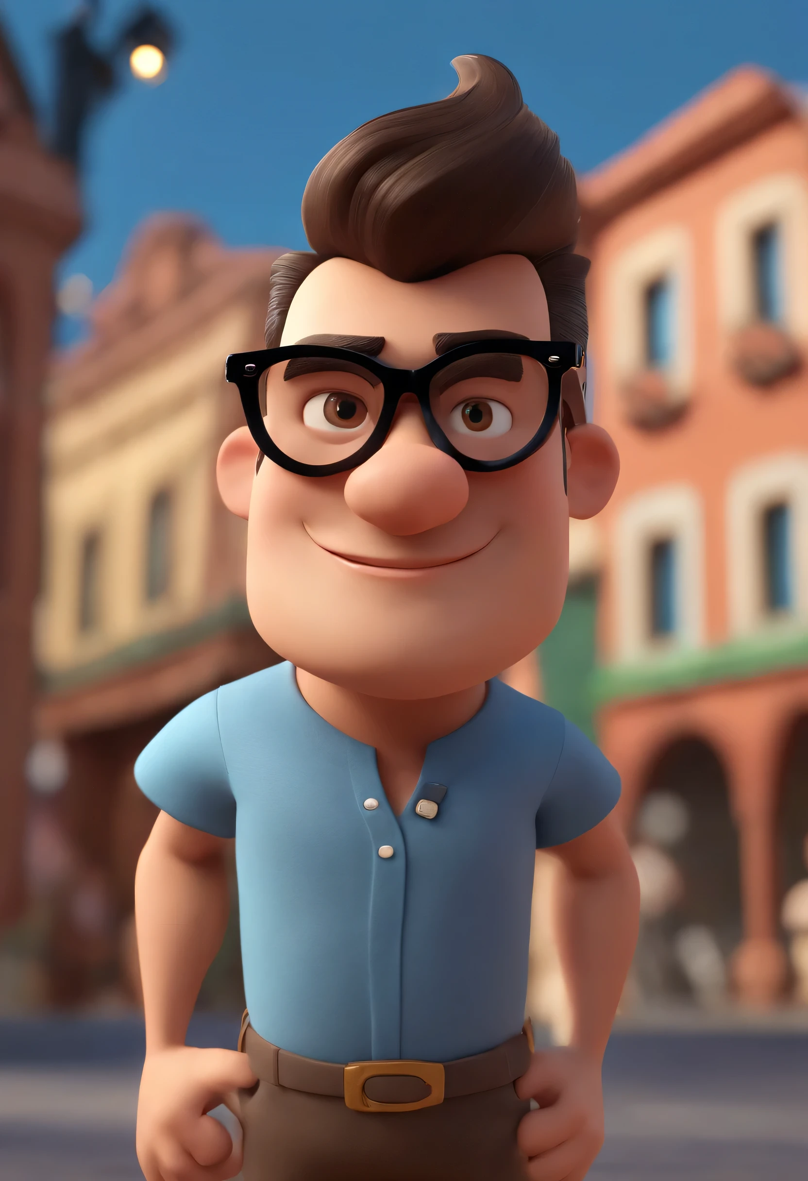 Cartoon character of a man in black glasses and blue shirt, an animated character, stylized character, animation style rendering, 3d stylized, Arnold Maya rendering, Stylized 3D rendering, toon render screenshot, 3d character, 3d character, Stylized 3D rendering, 3D character rendering, cartoon character, Personagem de close up, character posing, (Pixar-style) (master part:1.2) (bokeh) (best qualityer) (skin detailed) (detailed texture) (8K) (Argilla) (cinematic lighting) (sharp focus,Sit down and lift your upper body