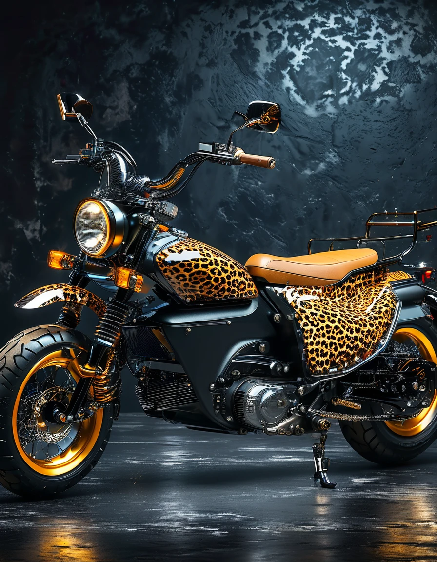 An electric motorcycle with a leopard print retro color,High-quality artworks created by master artists, best quality, Detailed Details,Black mineral background