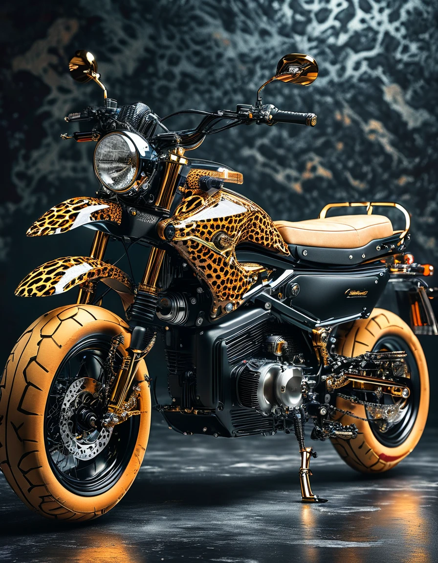 An electric motorcycle with a leopard print retro color，High-quality artworks created by master artists， best quality, Detailed Details，Black mineral background