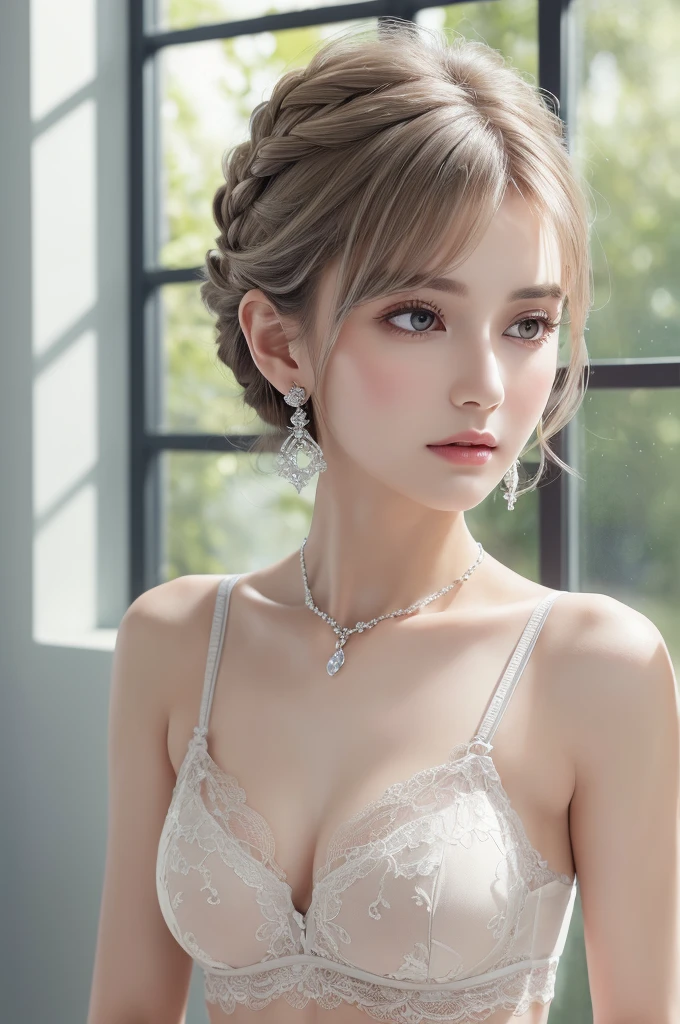 silver lace bra, (((Very elegant and beautiful, Perfect detail, Super detailed))), whole body, The most detailed girl, Depth of written boundary, 美しく詳細なwhole body, Thin legs, 1 girl, 30 years old, Very short hair, Spiked Hair, Gray and silver hair, Beautiful detailed hair, Perfect Face, Expressionless, Beautifully detailed deep eyes, Open your mouth a little, Delicate arms and hands, Pale skin, Earrings, Beautiful and gorgeous necklace, Colorful background, HD background, Blurred Background, Very delicate and beautiful, Masterpiece, (((Highest quality, Very beautiful 8K CG wallpaper))), (((Trendy hairstyles))), (Inside the room,Stylish interior,window),