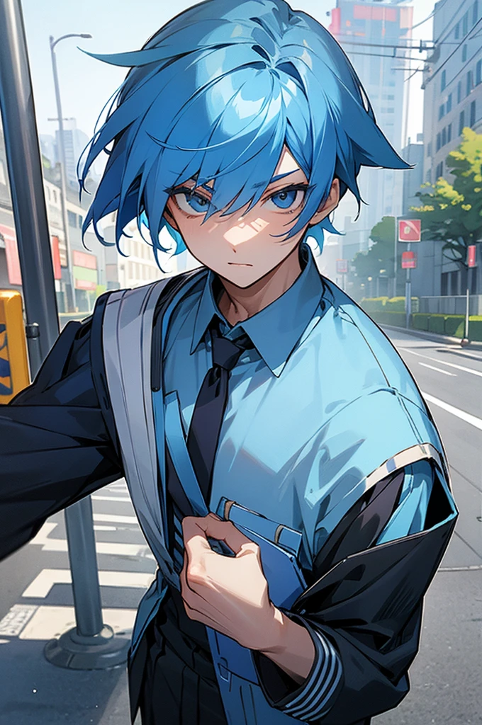 blue hair, student uniform, on the street, young male, lean build
