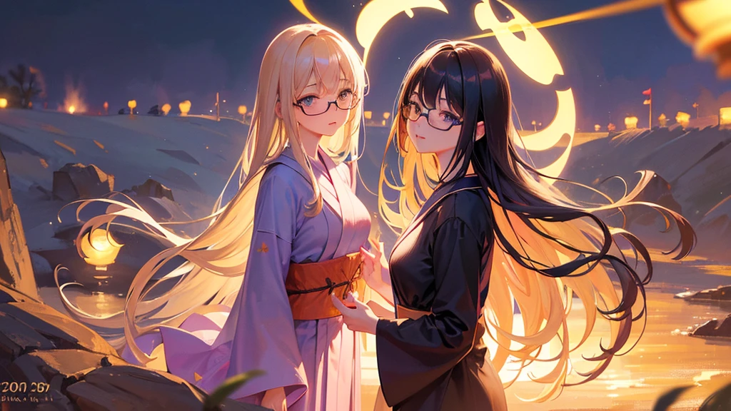 1 girl, full body, dark long hair, glowing blue eyes, glasses, yukata, standing on grass, big breast, blush, smiling, night, (best quality,4k,8k,highres,masterpiece:1.2),ultra-detailed,(realistic,photorealistic,photo-realistic:1.37),detailed eyes,detailed lips,extremely detailed eyes and face,long eyelashes,intricate details,soft lighting,warm colors,cinematic
