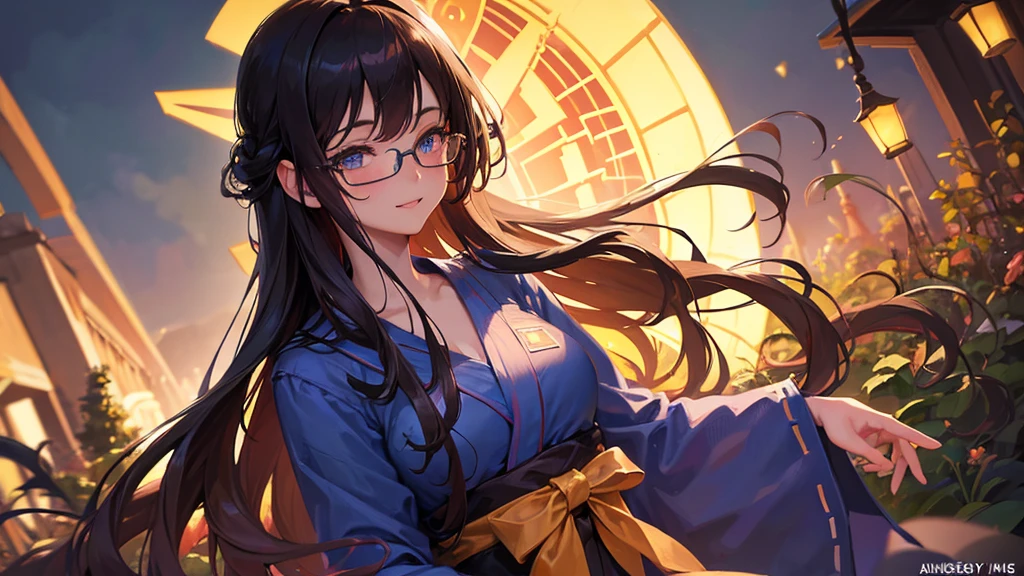1 girl, full body, dark long hair, glowing blue eyes, glasses, yukata, standing on grass, big breast, blush, smiling, night, (best quality,4k,8k,highres,masterpiece:1.2),ultra-detailed,(realistic,photorealistic,photo-realistic:1.37),detailed eyes,detailed lips,extremely detailed eyes and face,long eyelashes,intricate details,soft lighting,warm colors,cinematic
