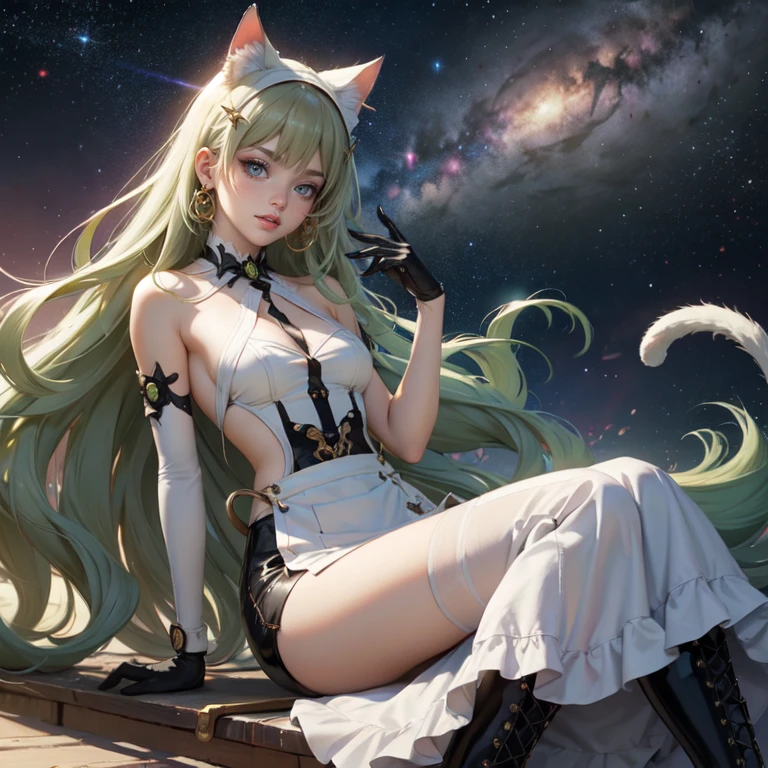 1girl, white maid dress, jewelry, green hair, flowing hair, long hair, maid dress with a short skirt and layers, white laces, white boots, white dress with transparency, gold details on her clothes, cat ears, animal ears, more details, perfectly body, perfectly hands, two hands, two legs, two arms, five fingers, glowing hair, best quality, cat ears, animal ears, tail ornament, tail bow, white gloves, two cat tail, white gloves, alone, maid headdress, choker, detached sleeves, maid dress, maid white dress, strapless, masterpeice, best quality, detailed face, night, mobius (honkai impact), honkai (series), honkai impact 3rd, asymmetrical gloves, bangs, white short skirt , white gloves, white boots, earrings, elbow gloves, fishnet thighhighs, fishmasterpeice, solo, best quality, detailed face, gloves, green eyes, green hair, hair between eyes, jewelry, long hair, looking at viewer, single earring, sky, sleeveless, solo, thigh boots, thighhighs, tongue, tongue out, uneven gloves, cat ears, animal ears, cat tail, solo, alone, Looking at the viewer, More details on the clothes, space scenery, maid, maid dress, golden details, maid headdress, maid apron, seat on the Saturn rings, more details on her clothes, gold details on her clothes, space, smiling, standing her hand to a viewer, looking at the viewer, in the background a several asteroids glowing with fiery auras, Dramatic lighting from distant stars and planets illuminates the scene, looking at the vast and mysterious universe, cowboy shot, upper body portrait, more details, sparkle,