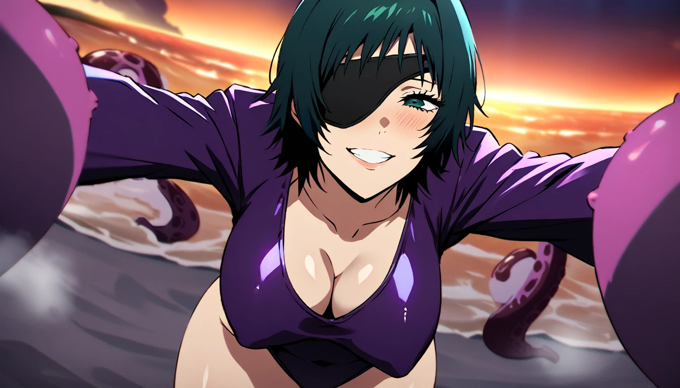 mature female, mature, Adult, himeno, himeno(Chainsaw Man), 1girl, black hair, short hair, eyepatch, solo, seductive smile, grin, nsfw, Villains, Bending forward, Spread arms, Raise arms, chest, View your audience, Beach, lots of octopus tentacles, Smoke, night, Dark, latex purple leotard, dramatic angle, unique perspective, unique angle, masterpiece, Top animation quality，Top image quality,