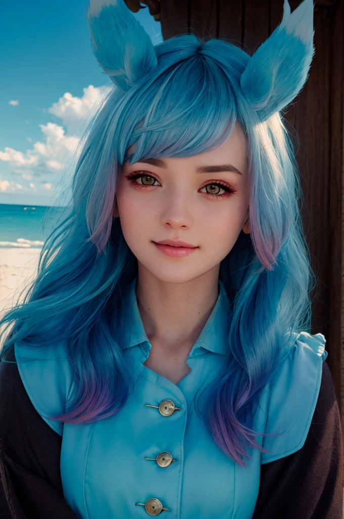 A young girl in realistic portrait of high quality and detail, Sigewinne (Genshin Impact), Sigewinne is a Melusine, sharing a similar body type to the rest of her sisters, although she has a uniquely human-like complexion and set of hands. Her pink eye color, tall blue ears with frosted tips and curled tail are much more reminiscent of a typical Melusine seen around Fontaine. Her hair color is pastel blue fading to a purple with white highlights. glow, eye shadow, 1girl, fantasy, Depth & Perspective, happy face, She stands in the middle of the sand beach, ocean on the background, Mystical powers, fine face, outdoors, blue sky, white cloud, looking at viewer, (ultra-high detail:1.2), Masterpiece, Best Quality, Ultra-detailed, Cinematic lighting, 8K, delicate features, cinematic, 35 mm lens, f/1.9, highlight lighting, global lighting –uplight –v 4, cinematic, intense gaze, Cinematic lighting, 8K, high quality, Highest Quality, (Solo Focus), (extremly intricate:1.3), (Realistic), dramatic, masterful, Analog style, (Film grain:1.5), (warm hue, cold tone)