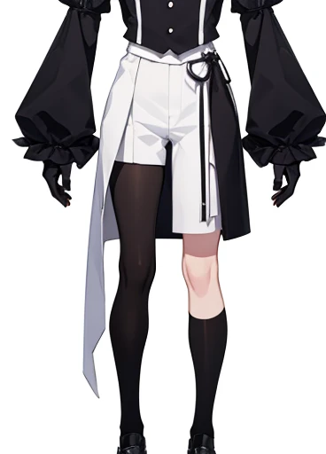 1other, androgynous, white background, concept art, black necktie, uniform, gloves, shirt, short sleeves, shorts, clothing concept, mannequin, full length, no background, simple hairstyle, details, unusual style, standing, simple shoes, ruffles, unusual sleeve, white elements, laconic design, creative shape, new cut, futuristic, cute, unusual design
