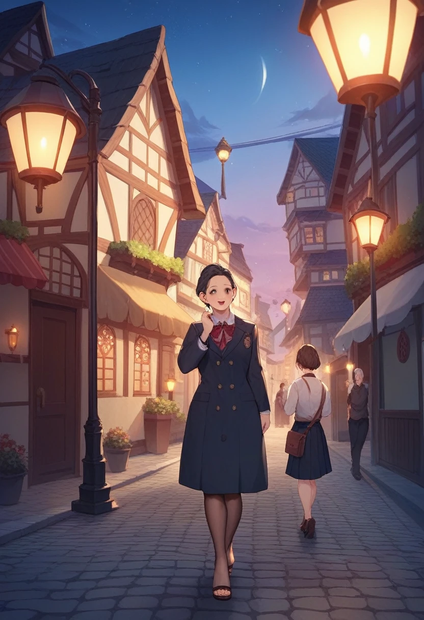 A residential street on a clear night with regular rows of streetlights. All the houses are enclosed and the yards of the houses are not visible. Three high school students in scajans run between the first and second lampposts. A tilted shadow cast by the first streetlight and a tilted shadow cast by the second streetlight appear under their feet at the same time.