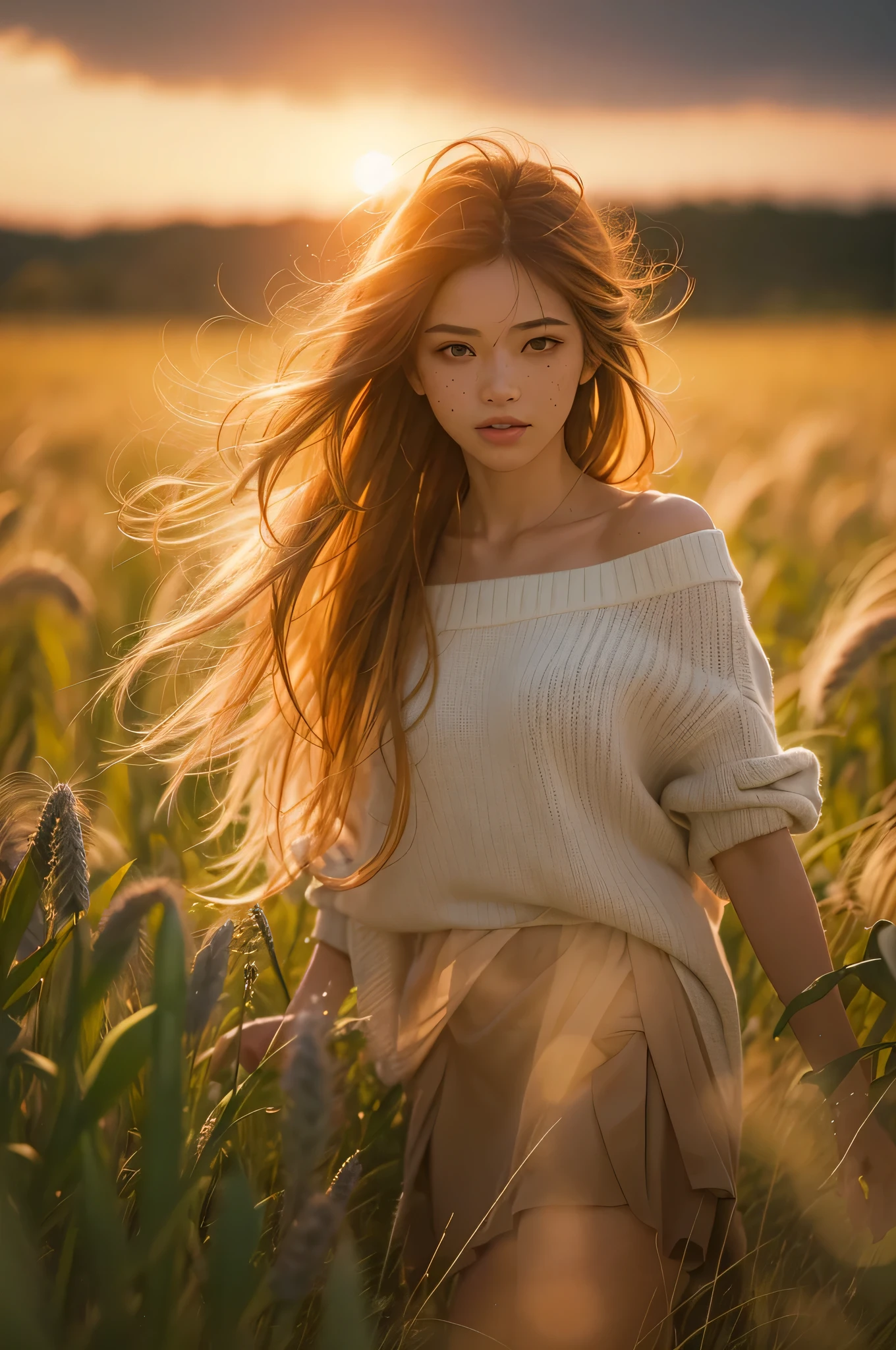 1girl, belviso, long hair, light freckles, lips, looking at viewer, messy hair, orange hair, green eyes, loose white knitted shirt, off shoulder.
half body shot, realistic, solo, teeth.
Walking through a wheat field. Dramatic sunset, lens flare, blurry background, blurry foreground, shallow depth of field.
golden hour. 