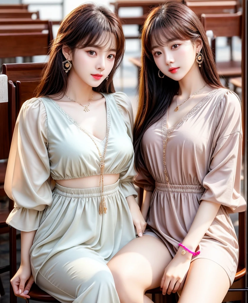 practicalphotography,22 years old,portrait,full Body,Korean,(twins,Mature:1.3),2 girl,beautiful girl,arrogant,Sitting in a large classroom chair,(necklace、earrings、bracelet:1.1),(Environmental details:1.3),(Original image、CG Unity、photography、Ultra-practical details、Clear focus、Delicate skin、4K、high resolution、masterpiece、Best quality、practical、Energetic:1.2),(8K、4K、Ultra-high quality、high resolution、major、ish、dramatic),Detailed home background