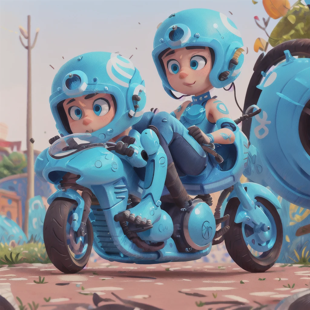 Um bruxo, blue motorcycle, white helmet, road, black clothes, (masterpiece: 1.2) (realistic: 1.2) (bokeh) (best quality) (detailed skin: 1.3) (intricate details) (8K) (detail eyes) (sharp focus)
