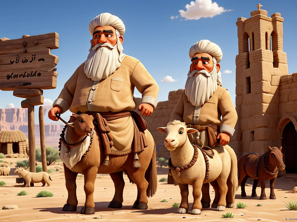 Abraham is a central figure in the Bible, known as the patriarch of the Israelite people. He is recognized for his unshakable faith in God and his obedience, being called by God to leave his homeland and go to the promised land. Abraham is also a key figure in Christianity, Judaism and Islam. Physical characteristics: kor: Around 75 years old, but still vigorous and full of vitality. Height: approximately 1,75 meters. physical build: sturdy body, strong due to his life as a nomadic herder. eyecolor: Deep browns, expressing wisdom and determination. body hair: body hairs grisalhos e barba longa, both well-groomed and wavy, showing your age and dignity. Facial expression: Abraham must have an expression of wisdom, compassion and determination. Your look should convey confidence and serenity, reflecting your unshakable faith. Environment and Setting Location: Canaan Desert, an important region in the biblical narrative of Abraham. era: Old Testament Period. Scenario details: paisaje: Arid terrain with low hills and sparse vegetation typical of the desert. Additional Elements: Nomad tents in the background, a herd of sheep and goats grazing, and maybe some loaded camels, indicating the nomadic life of Abraham. buildings: Ruins of ancient stone altars, highlighting Abraham's spiritual connection with God. Objects: Shepherd's staff in Abraham's hand, clay jugs and travel utensils around. Style and Quality Artistic style: realistic and detailed, with meticulous attention to historical and cultural details. Paleta de cores: Earthy and natural tones, like brown, ocher, and soft greens, with soft lighting and realistic shadows that highlight the texture of the setting and character. resolution: 4K ou superior, with high definition and sharpness to capture every detail. Proportions and anatomy: Precise anatomy and realistic proportions, portraying Abraham authentically.