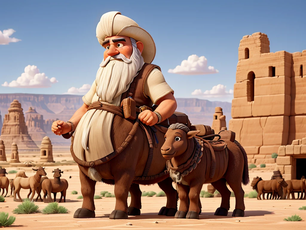 Abraham is a central figure in the Bible, known as the patriarch of the Israelite people. He is recognized for his unshakable faith in God and his obedience, being called by God to leave his homeland and go to the promised land. Abraham is also a key figure in Christianity, Judaism and Islam. Physical characteristics: kor: Around 75 years old, but still vigorous and full of vitality. Height: approximately 1,75 meters. physical build: sturdy body, strong due to his life as a nomadic herder. eyecolor: Deep browns, expressing wisdom and determination. body hair: body hairs grisalhos e barba longa, both well-groomed and wavy, showing your age and dignity. Facial expression: Abraham must have an expression of wisdom, compassion and determination. Your look should convey confidence and serenity, reflecting your unshakable faith. Environment and Setting Location: Canaan Desert, an important region in the biblical narrative of Abraham. era: Old Testament Period. Scenario details: paisaje: Arid terrain with low hills and sparse vegetation typical of the desert. Additional Elements: Nomad tents in the background, a herd of sheep and goats grazing, and maybe some loaded camels, indicating the nomadic life of Abraham. buildings: Ruins of ancient stone altars, highlighting Abraham's spiritual connection with God. Objects: Shepherd's staff in Abraham's hand, clay jugs and travel utensils around. Style and Quality Artistic style: realistic and detailed, with meticulous attention to historical and cultural details. Paleta de cores: Earthy and natural tones, like brown, ocher, and soft greens, with soft lighting and realistic shadows that highlight the texture of the setting and character. resolution: 4K ou superior, with high definition and sharpness to capture every detail. Proportions and anatomy: Precise anatomy and realistic proportions, portraying Abraham authentically.