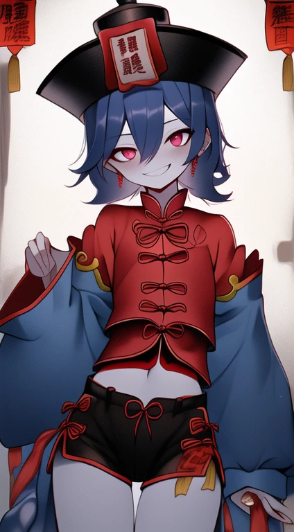 Best quality, Super detailed illustration, Warm colors, perfect lighting, (Jiangshi boy:1.6), (blue skin:2,6) , long shaggy unkempt hair ,Jiangshi clothing, long sleeves, black short shorts, open tummy ,open legs, tight clothing, Guangli hat ,smug smile, happy , a femboy, small waist, wide hips, slim, Perfect body, tricky glance, Scarlet eyes, black and lilac color of clothes