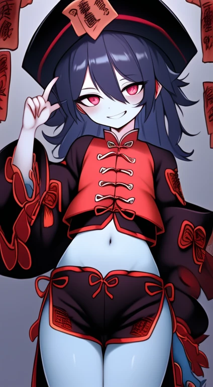 Best quality, Super detailed illustration, Warm colors, perfect lighting, (Jiangshi boy:1.6), (blue skin:2,6) , long shaggy unkempt hair ,Jiangshi clothing, long sleeves, black short shorts, open tummy ,open legs, tight clothing, Guangli hat ,smug smile, happy , a femboy, small waist, wide hips, slim, Perfect body, tricky glance, Scarlet eyes, black and lilac color of clothes