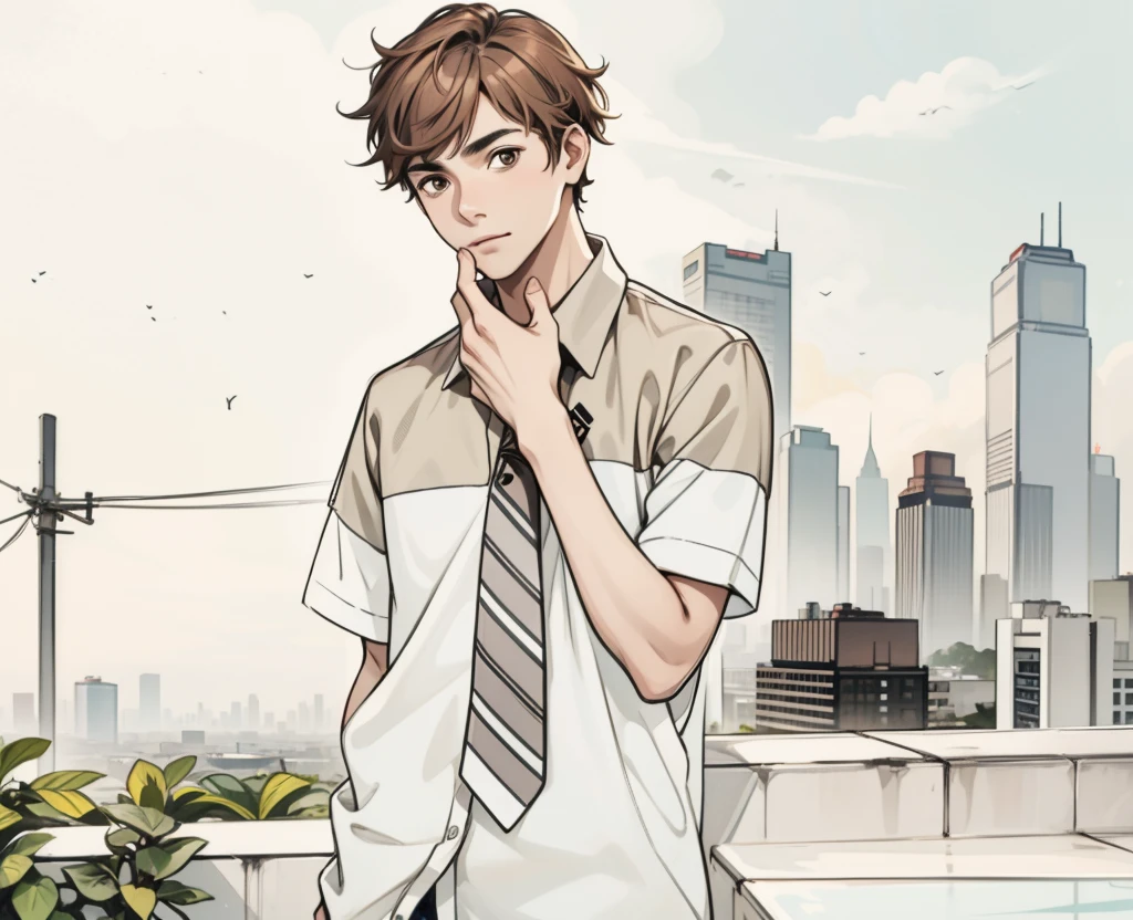 17 year old young man is looking curiously, brown hair, brown eyes, the city of Bangkok is seen in the background.