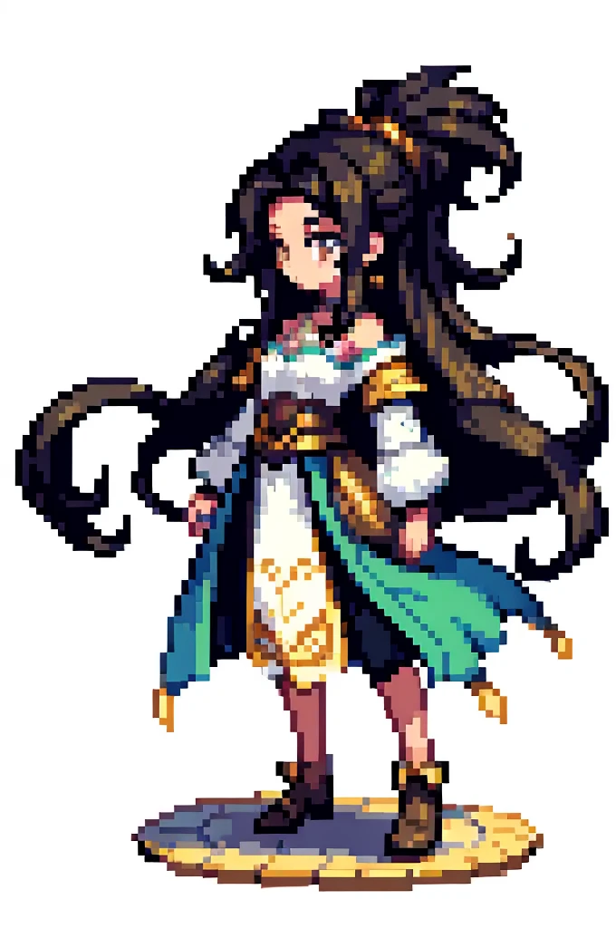 masterpiece , best quality , pixel art , 1 girl , fantasy clothes ,Her hair is brown and shoulder-length , full body , white background,black hair, 