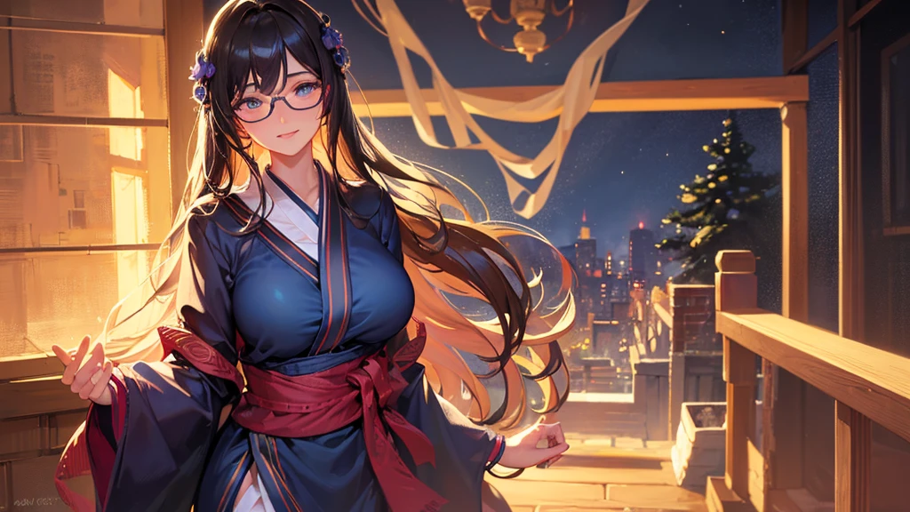 1 girl, stand body, glasses, ideal breasts, unbuttoned loose yukata, loose hair, smile, face blush, night light, detailed anime face, beautiful eyes, detailed hand, long eyelashes, detailed lips, detailed skin, intricate details, elegant, beautiful lighting, cooled colors, cinematic, soft focus, masterpiece, 8k, ultra-detailed, (best quality, 4k, 8k, highres, masterpiece:1.2), ultra-detailed