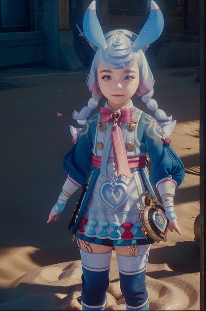 A young girl in realistic portrait of high quality and detail, Sigewinne (Genshin Impact), Sigewinne is a Melusine, sharing a similar body type to the rest of her sisters, although she has a uniquely human-like complexion and set of hands. Her pink eye color, tall blue ears with frosted tips and curled tail are much more reminiscent of a typical Melusine seen around Fontaine. Her hair color is pastel blue fading to a purple with white highlights. glow, eye shadow, 1girl, fantasy, Depth & Perspective, happy face, She stands in the middle of the sand dunes, with the ruined temple of astrology behind her, Mystical powers, fine face, outdoors, blue sky, white cloud, looking at viewer, (ultra-high detail:1.2), Masterpiece, Best Quality, Ultra-detailed, Cinematic lighting, 8K, delicate features, cinematic, 35 mm lens, f/1.9, highlight lighting, global lighting –uplight –v 4, cinematic, intense gaze, Cinematic lighting, 8K, high quality, Highest Quality, (Solo Focus), (extremly intricate:1.3), (Realistic), dramatic, masterful, Analog style, (Film grain:1.5), (warm hue, cold tone)