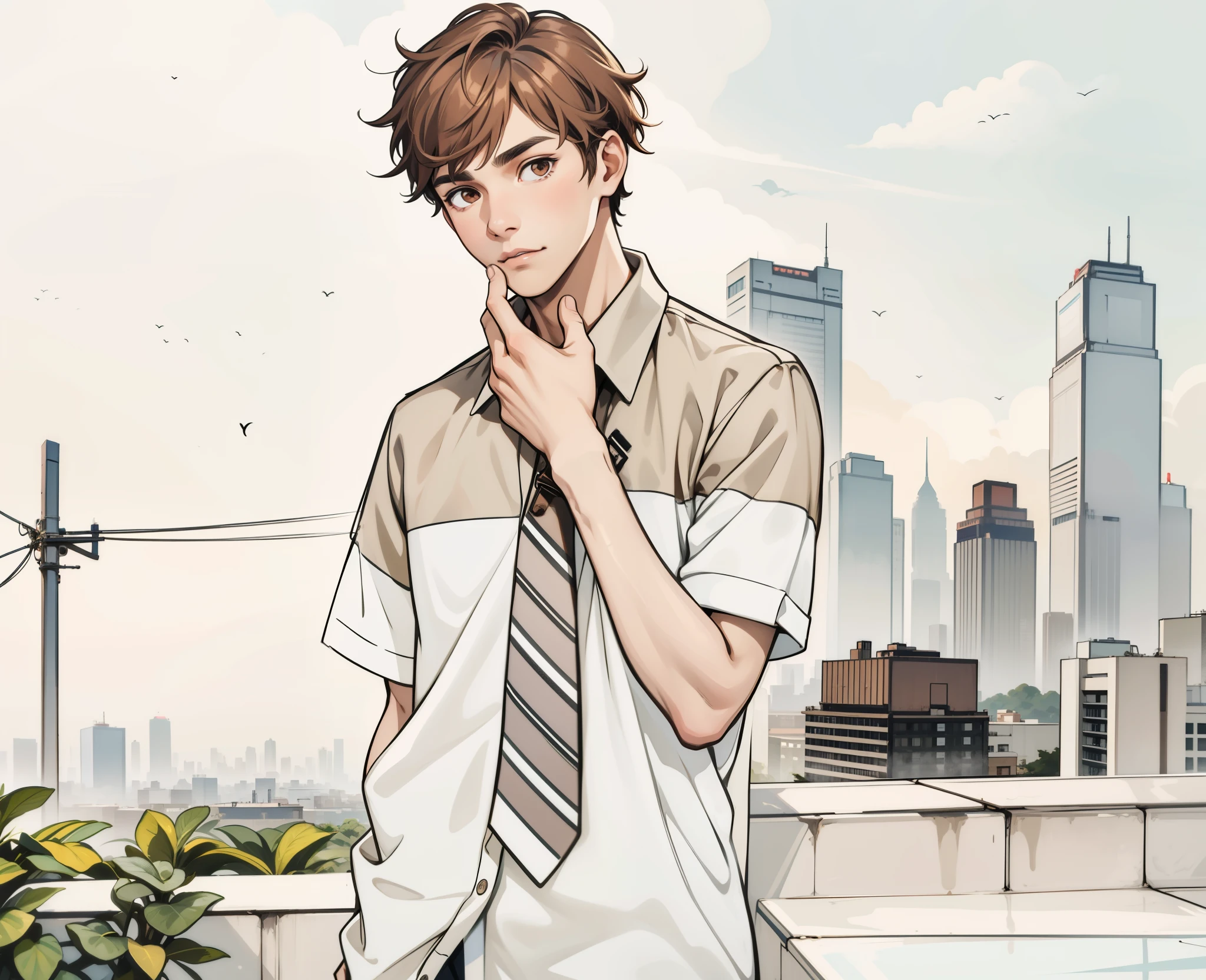 17 year old young man is looking curiously, brown hair, brown eyes, the city of Bangkok is seen in the background.