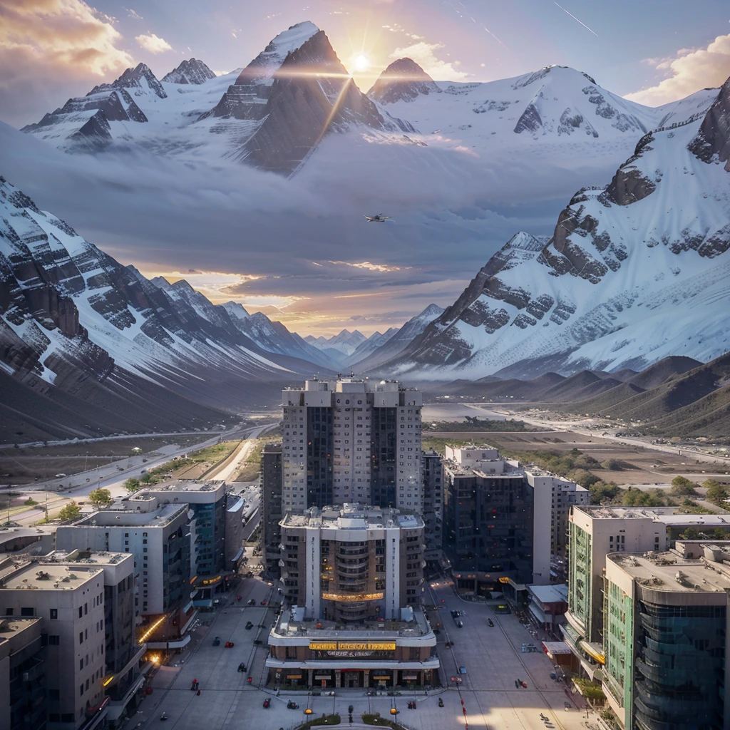 masterpiece, Maximum detail, highest degree of realism, maximum resolution. The Land of the Future, in the center are two futuristic skyscrapers made of steel and glass, shaped like pyramids. Airmobiles are flying around, from ordinary personal civilians, to special equipment: air taxi, aerial fire fighting, urgent Care, air police agromobile, cargo shuttles and multi-seat airbuses in the form of flying buses. Majestic mountains in the background, in the rays of the sunset, on the opposite side from the setting sun, rising full moon. Intergalactic shuttles take off against the background of mountains.