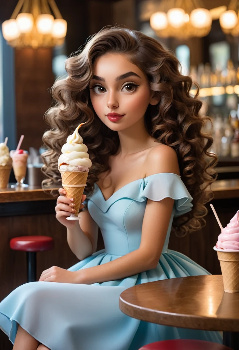 Italian girl with long curly brown hair, elegant dress sitting at a bar eating an ice cream, angular face