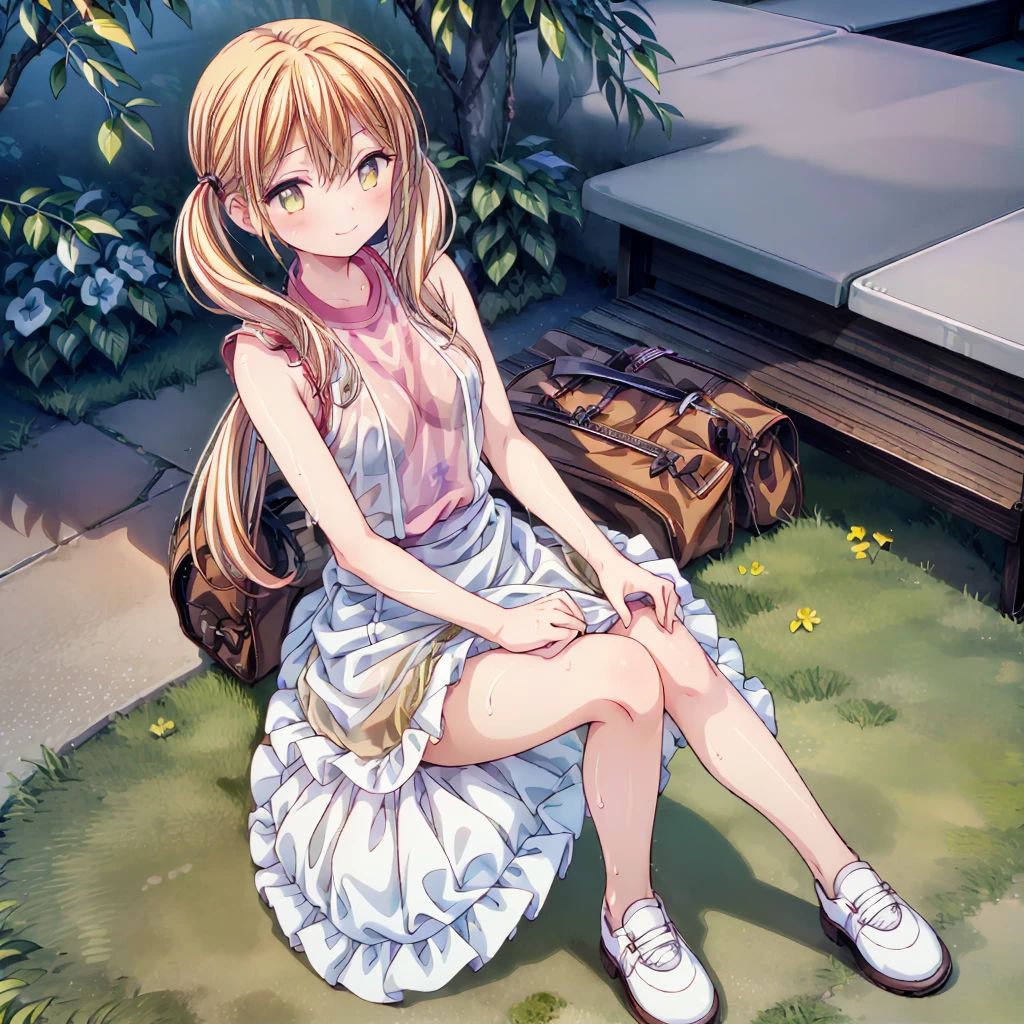 ((best quality)), (((1girl))), realistically, outdoor, garden, daytime, light ray, glitter hair, glowing eyes, Blush, daytime, Wet, ((see through shirt)), sleeveless shirt, bottomless, ((tying hair)), ((pussy reveal)), spread armpit, 14 years old, tricky smile, skirt turned up, masterpiece, highest quality, Highest resolution, (((golfer dress))), highest detailed face, perfect hands, perfect anatomy, medium breast, skirt lift, longhair, under , open skirt, flawless skin, full body view, medium breast, (((full body view))), (((sit with knees raised))), front view, spread legs little, slim legs, twintails, (((solo))), (((mini skirt)))