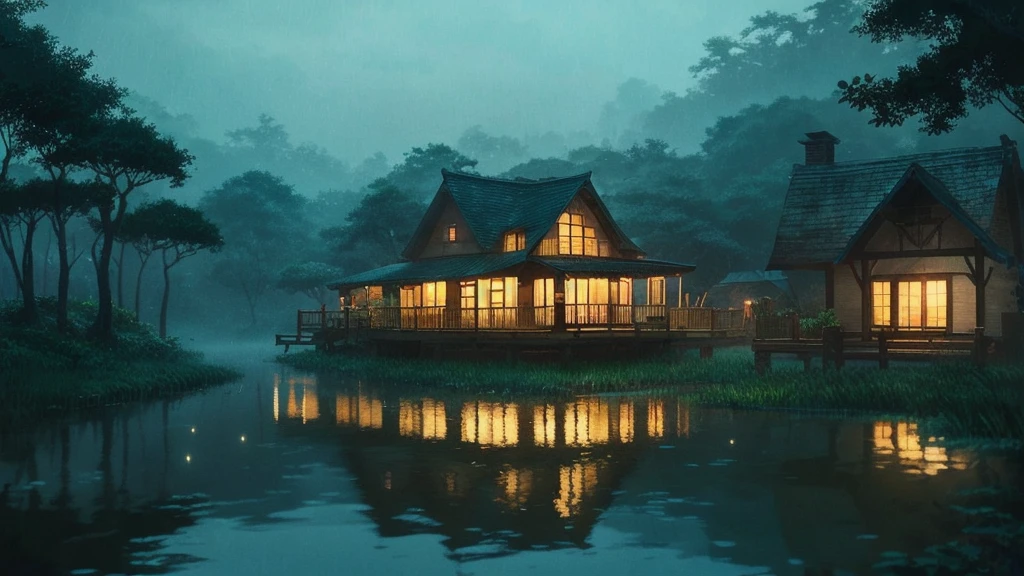 There is a small old house on the side.、Rainy night、Animated picture,Ghibli anime style, アニメのRainy nightの田舎の風景, Scenes from animated movies, Ghibli art style, Ghibli anime movie background,anime nature wallpapers, スタジオGhibli anime style