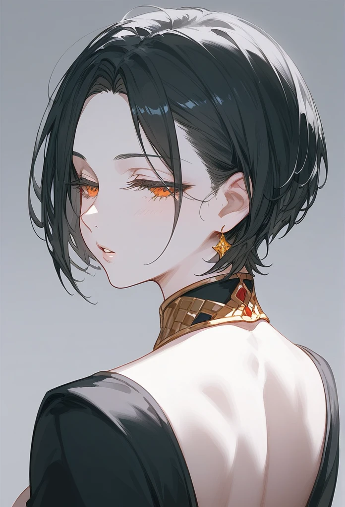 masterpiece, Score_9, Score_8_up, Score_7_up, rear view, 1 woman, alone, dark black hair, very short hair, long parted bangs, gold and orange eyes, half-closed eyes, parted lips, expressionless, pale skin, large breasts, top body,
long open bangs, with a mole under the mouth, cut style (boy), No bangs.