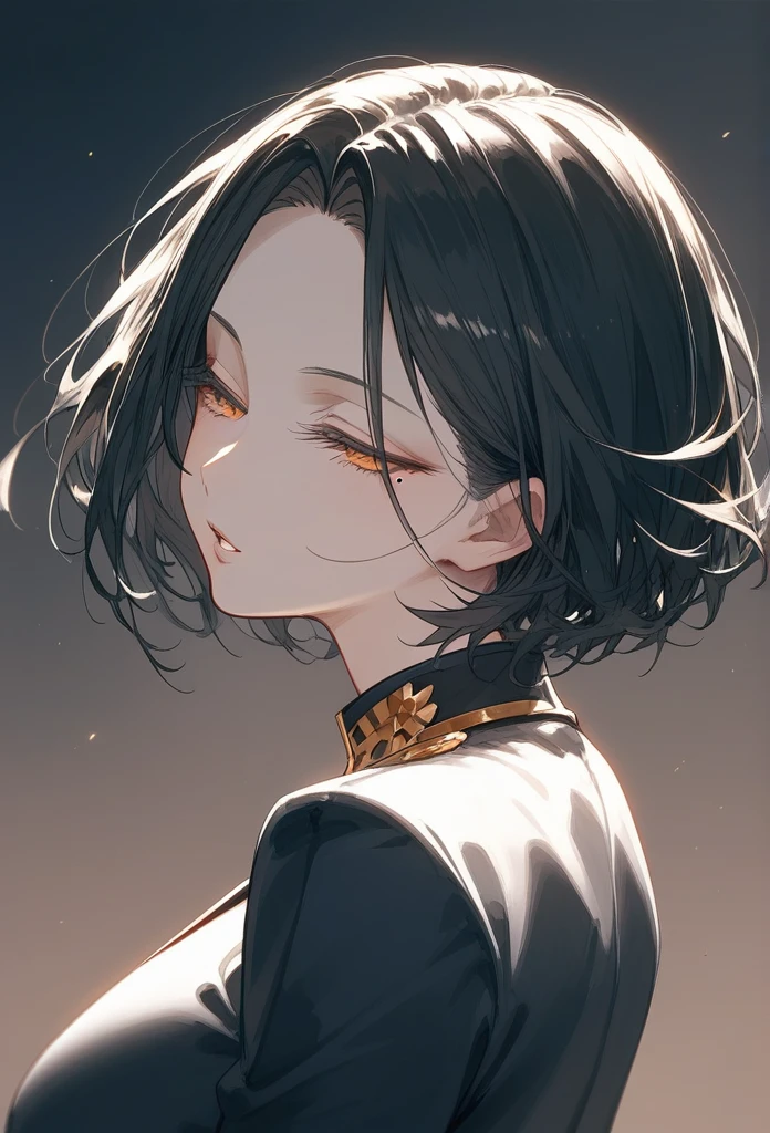 masterpiece, Score_9, Score_8_up, Score_7_up, rear view, 1 woman, alone, dark black hair, very short hair, long parted bangs, gold and orange eyes, half-closed eyes, parted lips, expressionless, pale skin, large breasts, top body,
long open bangs, with a mole under the mouth, cut style (boy), No bangs.