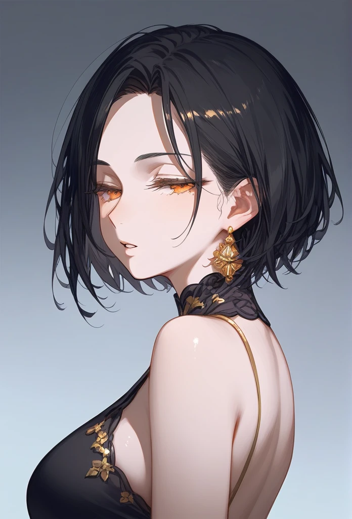 masterpiece, Score_9, Score_8_up, Score_7_up, rear view, 1 woman, alone, dark black hair, very short hair, long parted bangs, gold and orange eyes, half-closed eyes, parted lips, expressionless, pale skin, large breasts, top body,
long open bangs, with a mole under the mouth, cut style (boy), No bangs.