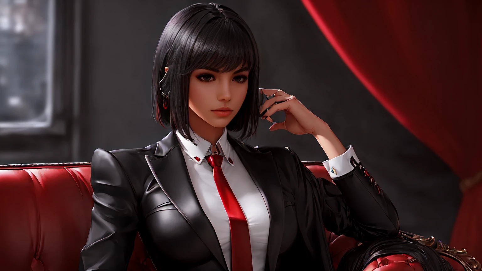 (Epic Showcase: like Arknights Character banner , Designs in Detail)(Masterpiece, Best Quality, Ultra High Resolution , Digital Art,Beautiful and Aesthetic )Perfect proportions of the body , not an ordinary perspective . .the whole body is covered by clothes. (strict posture , One Fashionable adult girl with a short oblique bob, slender figure,  ) in modern men's suit in professional performance , matte black color , lovely thin white but long tie , (silk thick threads of red color connect the necklines on the sides of the whole suit) , . The character sits on a large massive sofa with lots of leather , an interesting and atmospheric pose that characterizes the character ,(Photorealistic style combined 2.5D . realistic anatomy , beautiful perspective . Best image quality , pastel color , focus on the face , Big Hair ( black with red gelding ) , well detailed eyes , detailed background in modern boudoir style . )