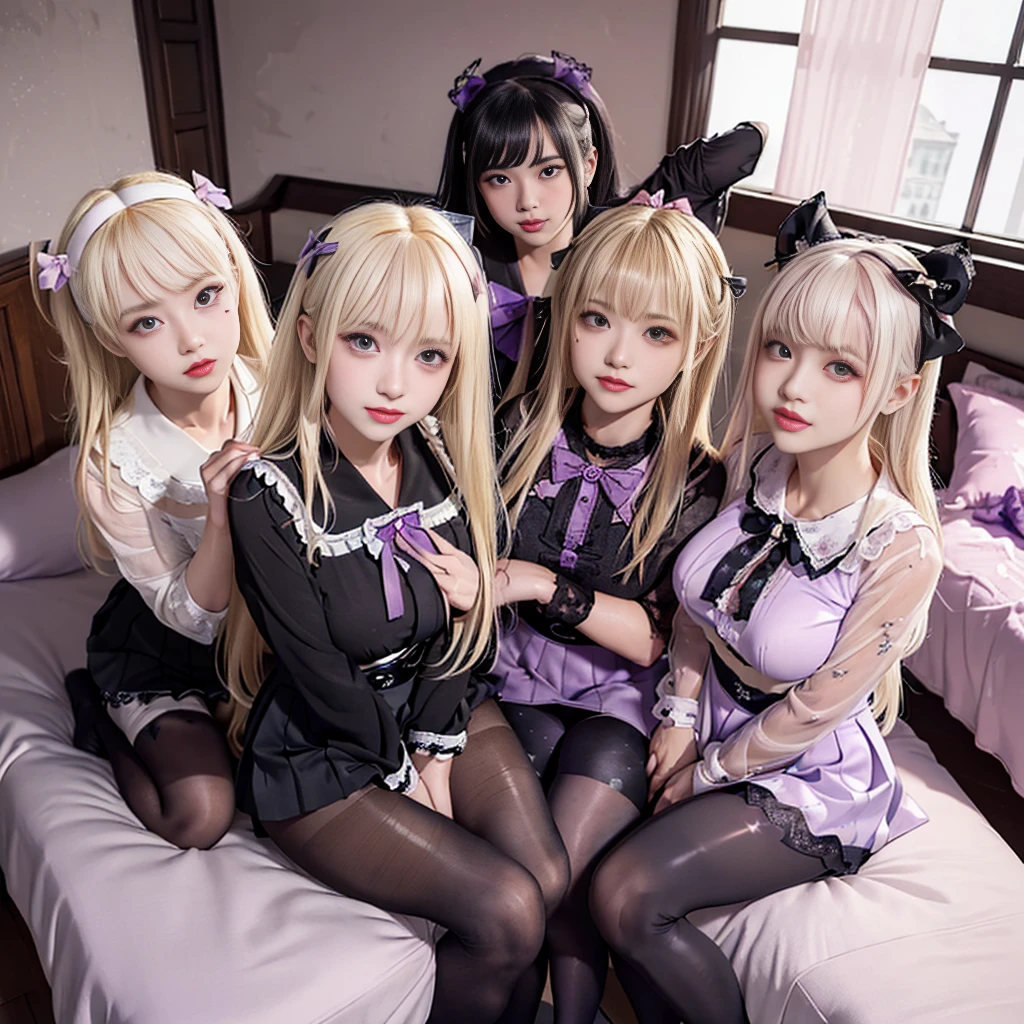 8K resolution, surreal, Super detailed, high quality, perfect anatomy, perfect proportion, 
((((((A group photo in bedroom at midnight, women only, violet pink lighting, luxurious bed, 4 girls, group photo)))))), 
(((((purple, wearing black face mask, jirai fashion, black sailor collar, Lace, black pleated skirt, black micro mini skirt, bow ribbon))))), 
((grin, happy, detailed face)), 
((((bleached hair))))+, (large breasts), posing, 
(((shiny detailed oiled skin))), 
(((black see-through tights))), looking at viewer