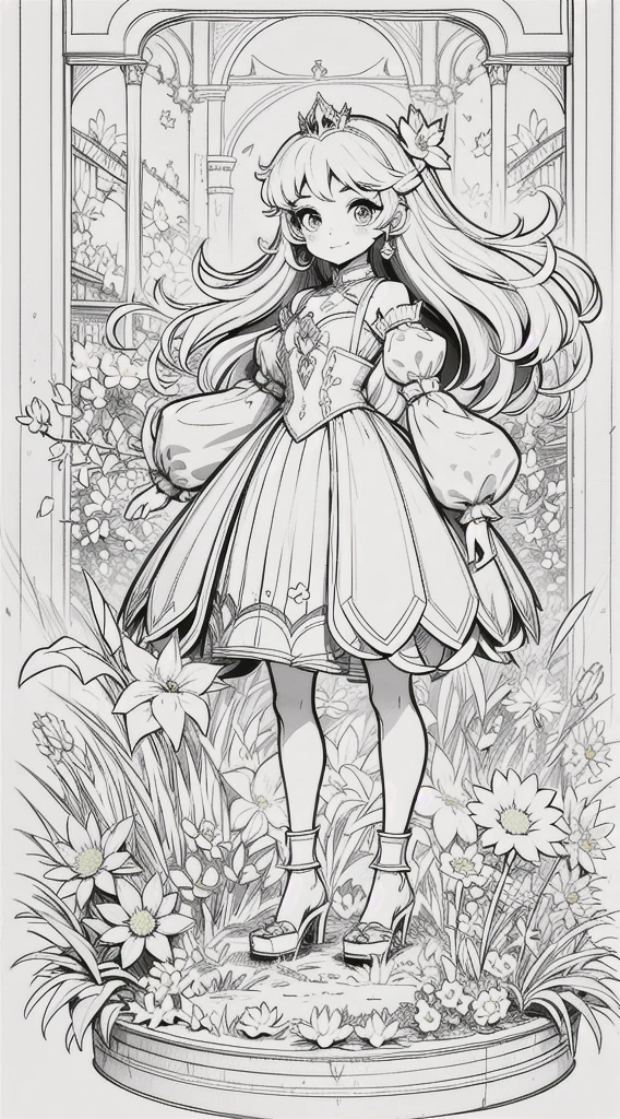 A girl, kawaii princess, standing, (Flower garden), shoulder-length hair, full body, in the center of the camera, line art,black and white art .
