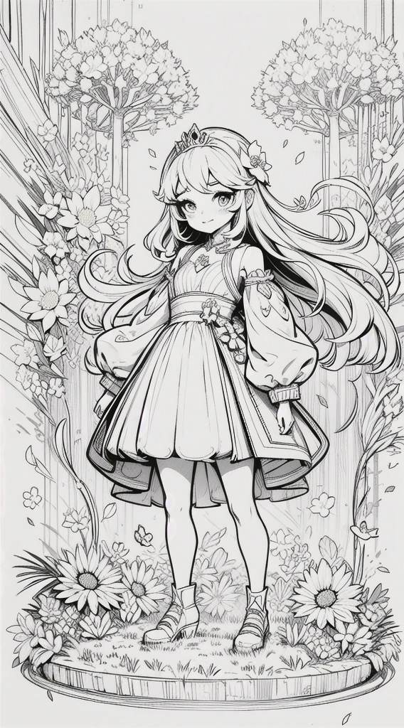 A girl, kawaii princess, standing, (Flower garden), shoulder-length hair, full body, in the center of the camera, line art,black and white art .