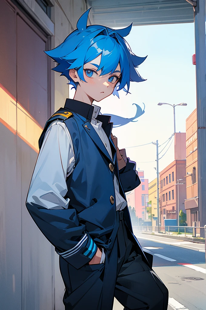 blue hair, student uniform, on the street, young male, lean build, arms in pockets