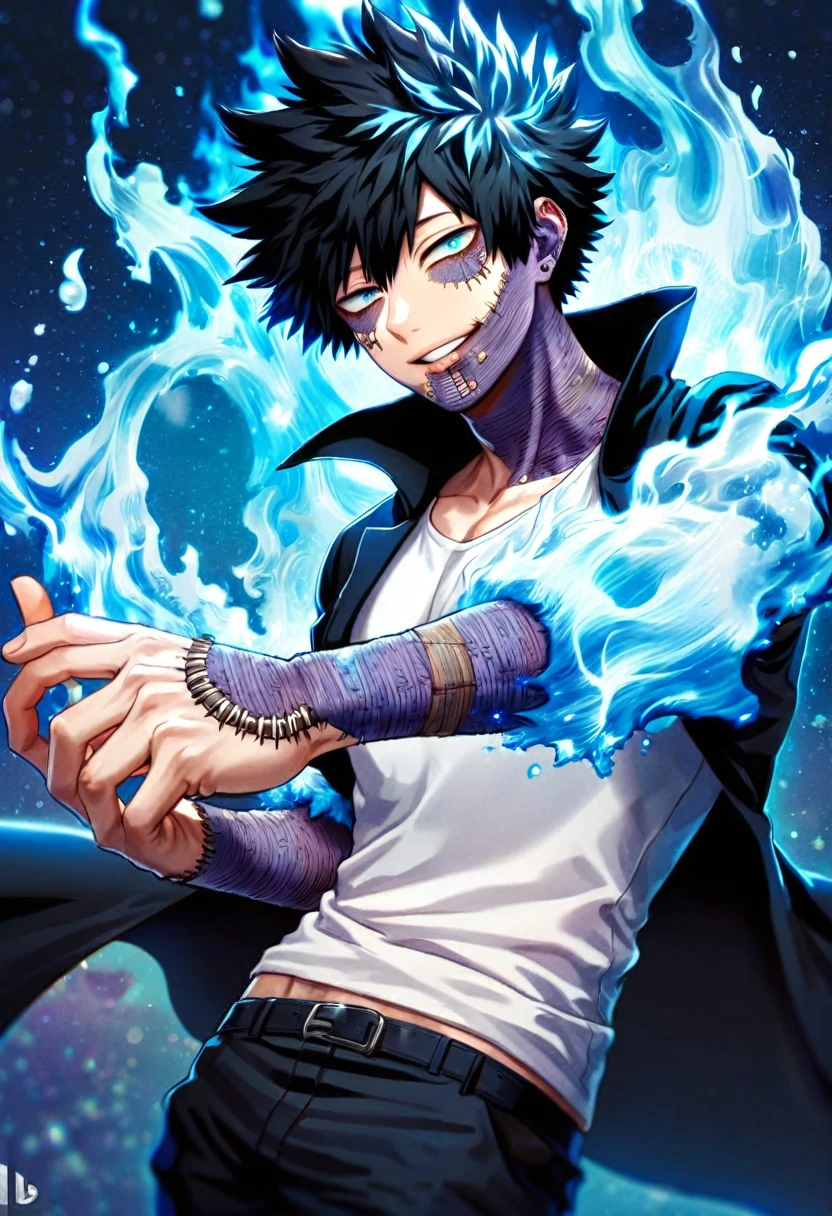 absurdres, highres, ultra detailed, HDR, master piece, best quality, extremely detailed face, delicated features, Dabi, black hair, expressive turquoise eyes, Boku No Hero Academia, sexy man, solo, handsome, smiling, black coat with high collar, white T-shirt, black pants, fantasy, magical, blue fire, starry sky, blue lights, water, blue flames background, blue background