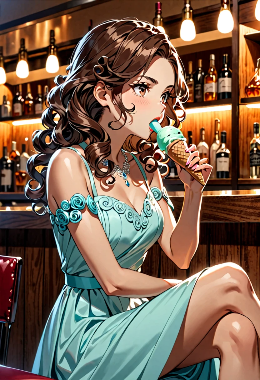 A modern day 20 year old princess with olive skin, dark brown curly hair, beautiful dark brown eyes, and a shy smile at a bar