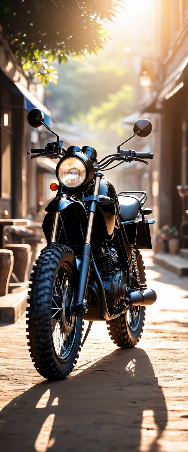 Handsome black off-road motorcycle.Surrounded by the dazzling afternoon sun, shadow and shade textures,The whole scene looks lazy and romantic, Effortlessly elegant aesthetics.。Cafe bokeh background