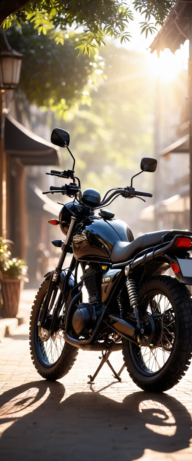 Handsome black off-road motorcycle.Surrounded by the dazzling afternoon sun, shadow and shade textures,The whole scene looks lazy and romantic, Effortlessly elegant aesthetics.。Cafe bokeh background