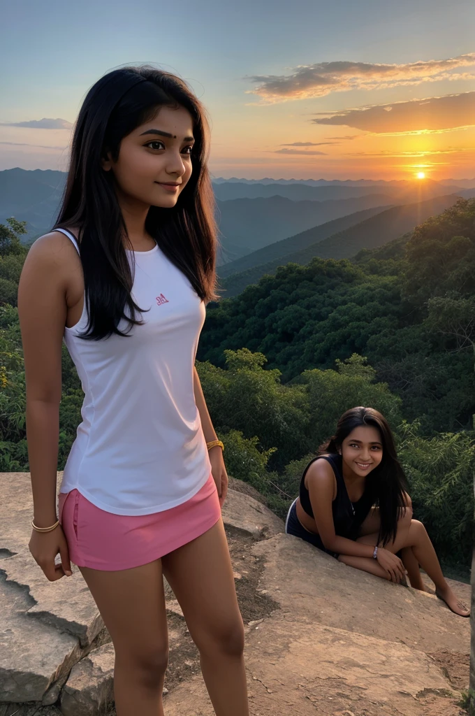 design a scene featuring two 2D girl friend (siddhi, priti) enjoy the sunset on a mountain