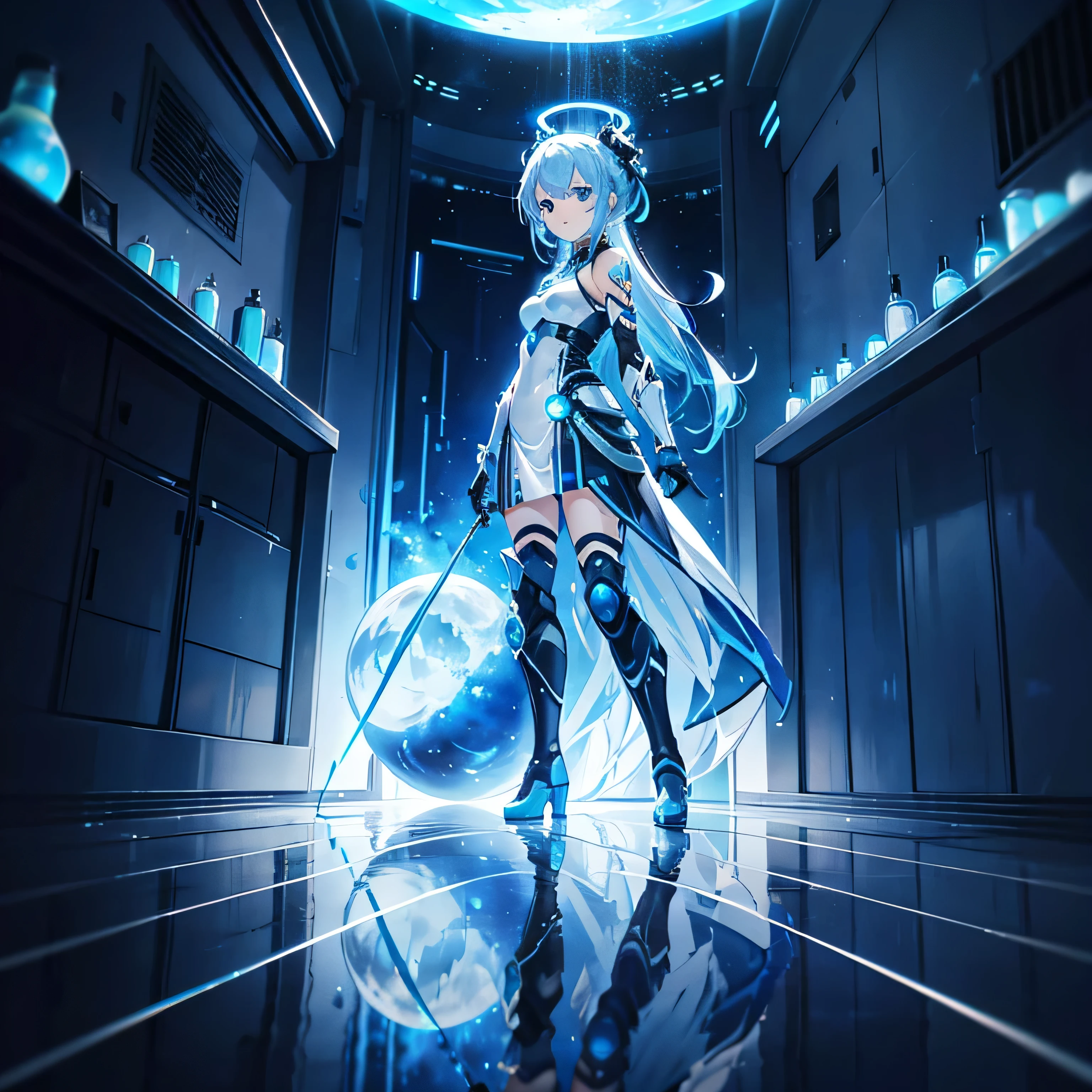 8K, Highest quality, (real:1.4), Original photo, 1 girl, Asari Hair, Biological Amplifier, Very sleek and futuristic armor, posture: Peace talks between warring factions,,attention arousal, smart blue eyes,A modest smile,Knee-high boots,Patent-look blue tights,Blue big moon and blue light swirl in the background,Blue light from behind,blue light magic,A small, glowing blue ball in the palm of your hand,Blue flame swirl,Blue Comet,Polished floor,