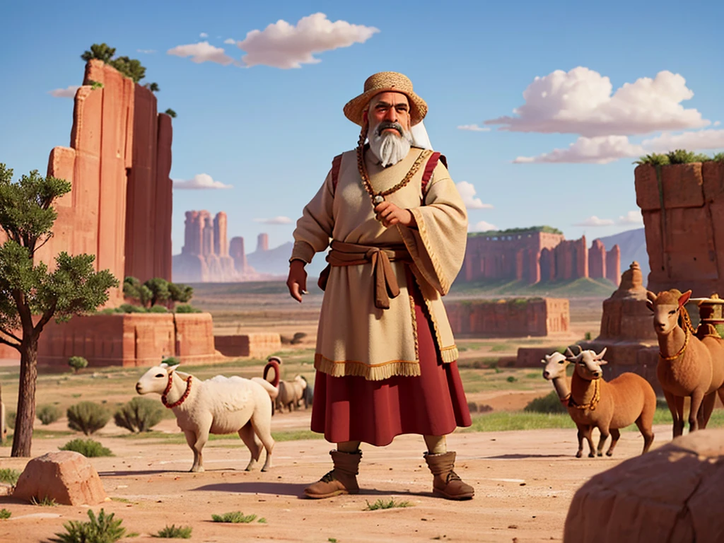 Abraham is a central figure in the Bible, known as the patriarch of the Israelite people. He is recognized for his unshakable faith in God and his obedience, being called by God to leave his homeland and go to the promised land. Abraham is also a key figure in Christianity, Judaism and Islam. Physical characteristics: kor: Around 75 years old, but still vigorous and full of vitality. Height: approximately 1,75 meters. physical build: sturdy body, strong due to his life as a nomadic herder. eyecolor: Deep browns, expressing wisdom and determination. body hair: body hairs grisalhos e barba longa, both well-groomed and wavy, showing your age and dignity. Facial expression: Abraham must have an expression of wisdom, compassion and determination. Your look should convey confidence and serenity, reflecting your unshakable faith. Environment and Setting Location: Canaan Desert, an important region in the biblical narrative of Abraham. era: Old Testament Period. Scenario details: paisaje: Arid terrain with low hills and sparse vegetation typical of the desert. Additional Elements: Nomad tents in the background, a herd of sheep and goats grazing, and maybe some loaded camels, indicating the nomadic life of Abraham. buildings: Ruins of ancient stone altars, highlighting Abraham's spiritual connection with God. Objects: Shepherd's staff in Abraham's hand, clay jugs and travel utensils around. Style and Quality Artistic style: realistic and detailed, with meticulous attention to historical and cultural details. Paleta de cores: Earthy and natural tones, like brown, ocher, and soft greens, with soft lighting and realistic shadows that highlight the texture of the setting and character. resolution: 4K ou superior, with high definition and sharpness to capture every detail. Proportions and anatomy: Precise anatomy and realistic proportions, portraying Abraham authentically.