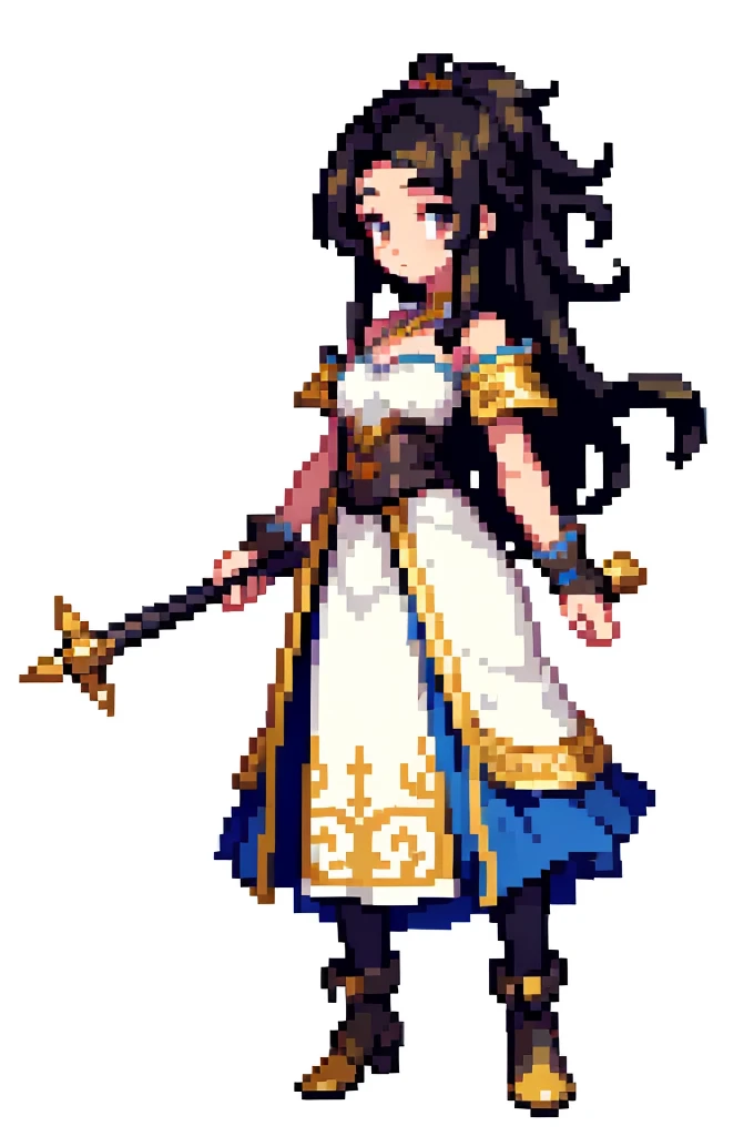 masterpiece , best quality , pixel art , 1 girl , fantasy clothes ,Her hair is brown and shoulder-length , full body , white background,black hair,