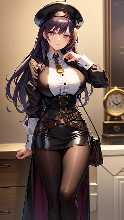 Masterpiece, of the highest quality, super detailed、1 girl、steampunk. black hair, Purple interior color、leather silk hat bronze medal、big breasts white dress shirt , belt、leather Brown corset chain, golden decoration、leather 濃いBrown, shiny black leggings、long hair, whole body, standing, botas de leather negras, waistbelt Big buckle、waist leather pouch、waist learn、negro socks、great clock, Industrial Revolution, 19th century urban landscape,