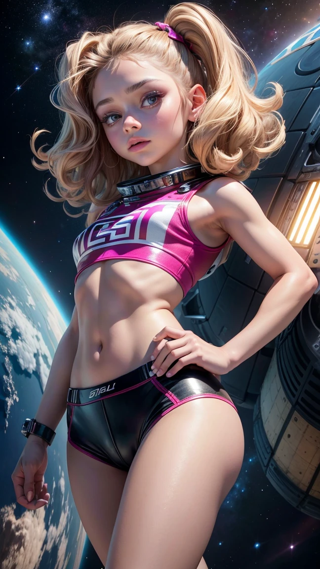 Karol Sevilla, High quality ultra-realistic image of a , beautiful, cara beautiful, small breasts, medium hip, perfect body, high quality details, spaceship mechanics, space, stars 