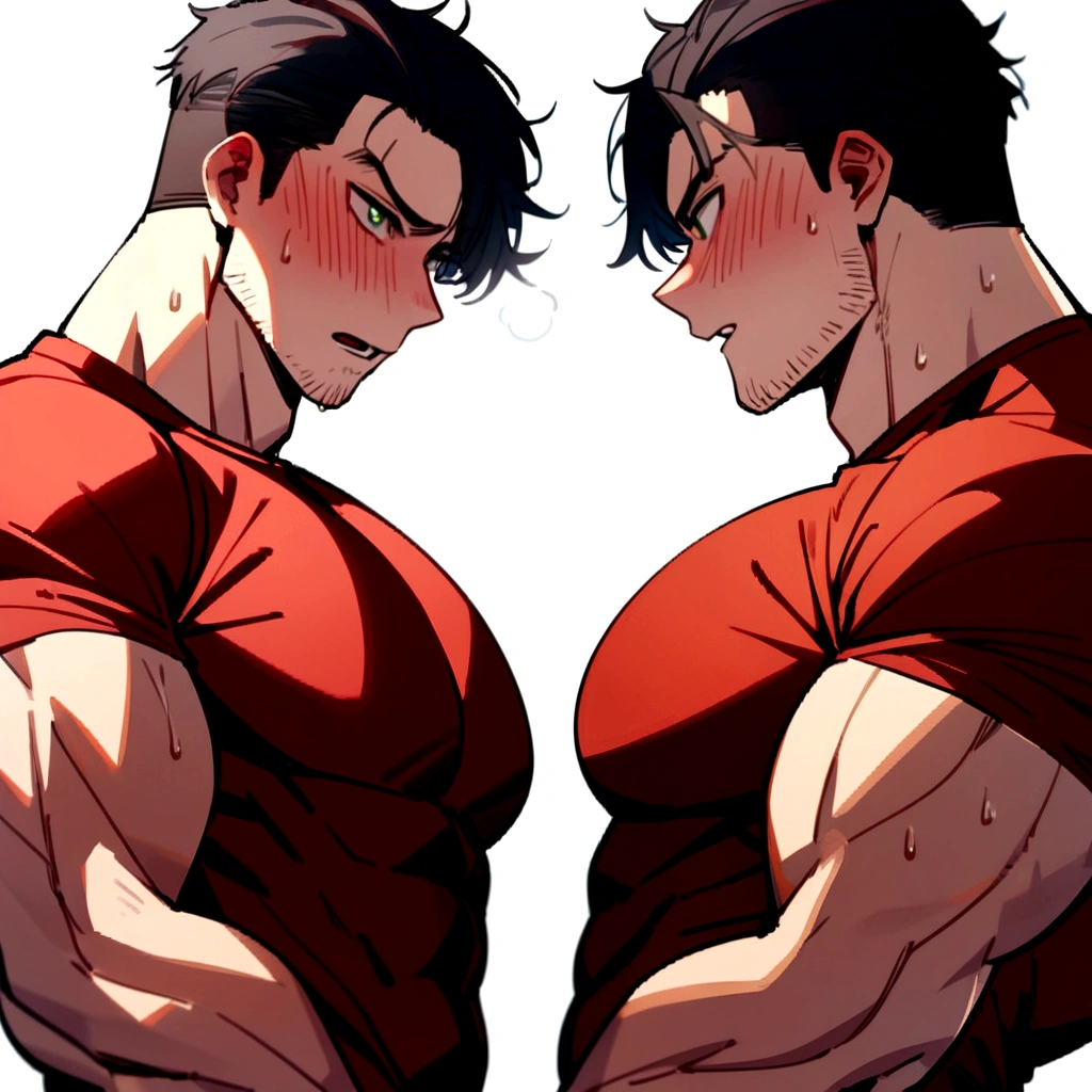 1muscular sportsman, male focus, red tight T-shirt, muscular male, muscular, white shorts, alone, look to the side, short hair, stubble, black hair, green eyes, White background, simple background, amazing quality, best aesthetics, Ridiculous, short hair, bright pupils, open lips, Sweat, Awkward, blush, best quality, big pecs