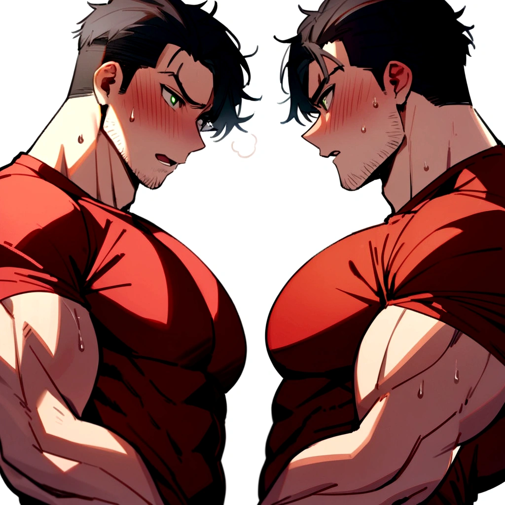1muscular sportsman, male focus, red tight T-shirt, muscular male, muscular, white shorts, alone, look to the side, short hair, stubble, black hair, green eyes, White background, simple background, amazing quality, best aesthetics, Ridiculous, short hair, bright pupils, open lips, Sweat, Awkward, blush, best quality, big pecs