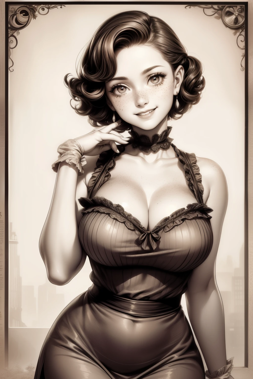 (masterpiece), best quality, expressive eyes, perfect face, Artwork, best quality, ultra-detailed, 1girl, short hair, 1930s vintage poster, monochrome dress, vintage color palette, curly hair, hand drawing art, portrait, dress with ruffles, smiling smile, freckles on face, cute smile, ((old photo effect)), large breasts, ((sepia effect)), breasts larger than head