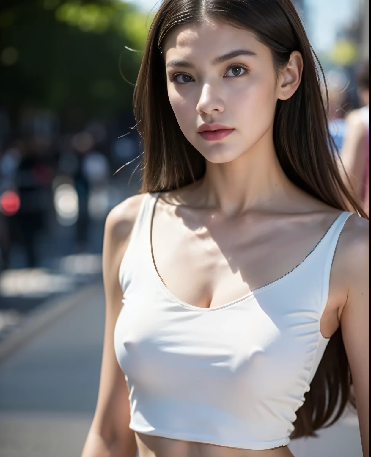 sleeveless, Looking at the audience, Cinema Lighting, perfect, Soft Light, High resolution skin:1.2, Realistic skin texture, 18 years old、Small face、Off-shoulder，Bust C cup、Boulevard Saint-Germain, background、Photos from the waist up、　The abdomen is visible、